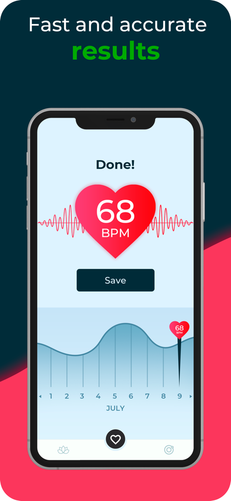 Pulsedo: Heart Rate Monitor - Interface do aplicativo monitor de frequência cardíaca mostrando 68 BPM e um gráfico de monitoramento de dados.