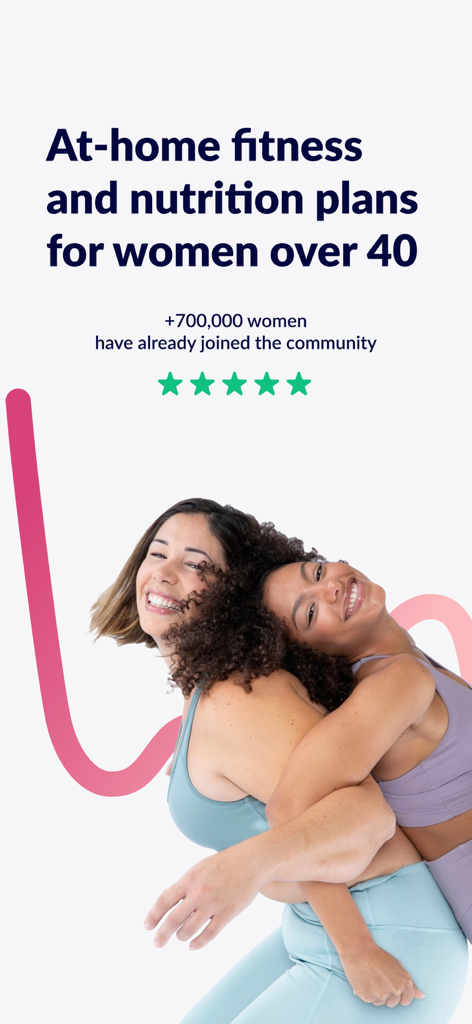 Two smiling women in workout gear with text promoting at-home fitness and nutrition plans for women over 40.