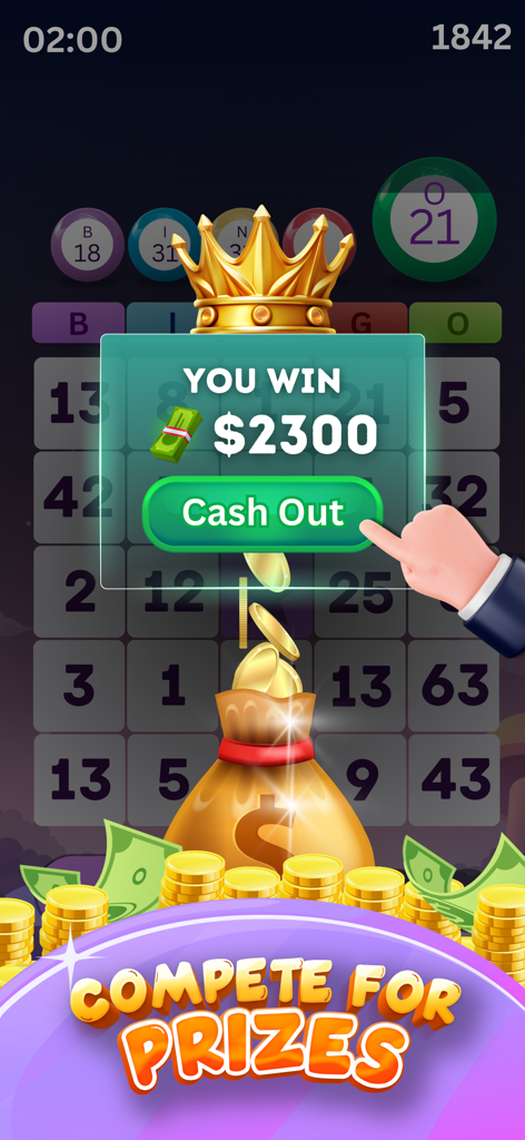 A mobile bingo game screen showing a win of 2300 dollars with a cash out button and a bag of gold coins