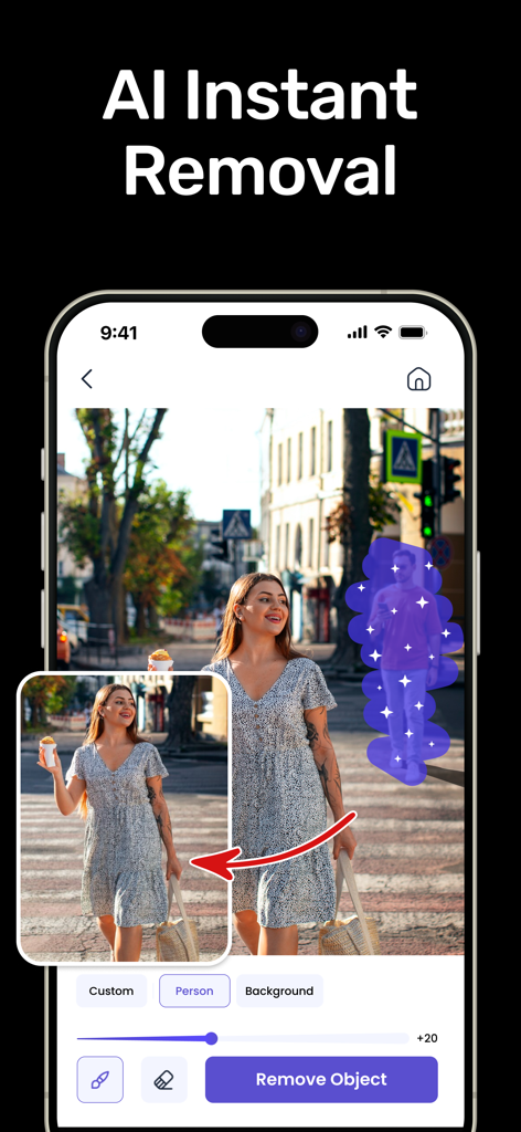 AI Art & Image Generator - ストリート写真から不要な人物を削除するAIインスタント削除機能のデモンストレーション。