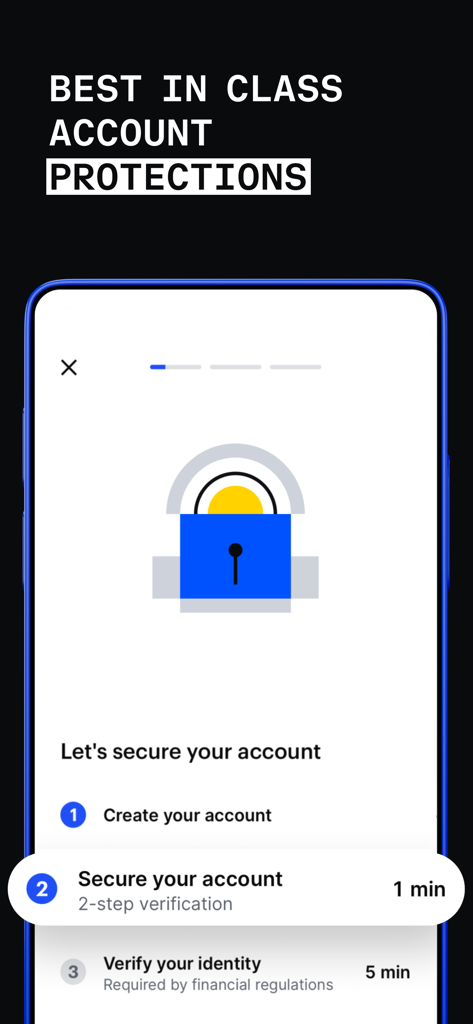 Coinbase: Buy BTC, ETH, SOL - Pantalla de incorporación de la aplicación Coinbase que muestra la configuración de seguridad de la cuenta con verificación en 2 pasos