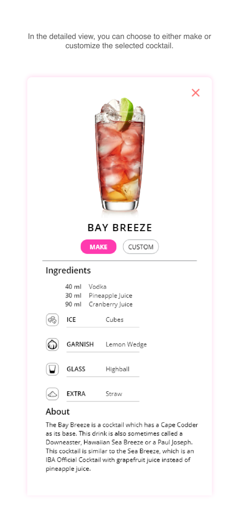 Barsys - A detailed view of the Bay Breeze cocktail recipe in the Barsys app including ingredients like vodka and fruit juices.