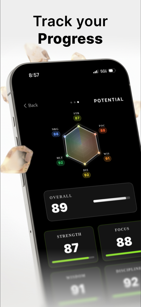 Interfaz que muestra estadísticas potenciales gamificadas y seguimiento del progreso en la aplicación Ignite