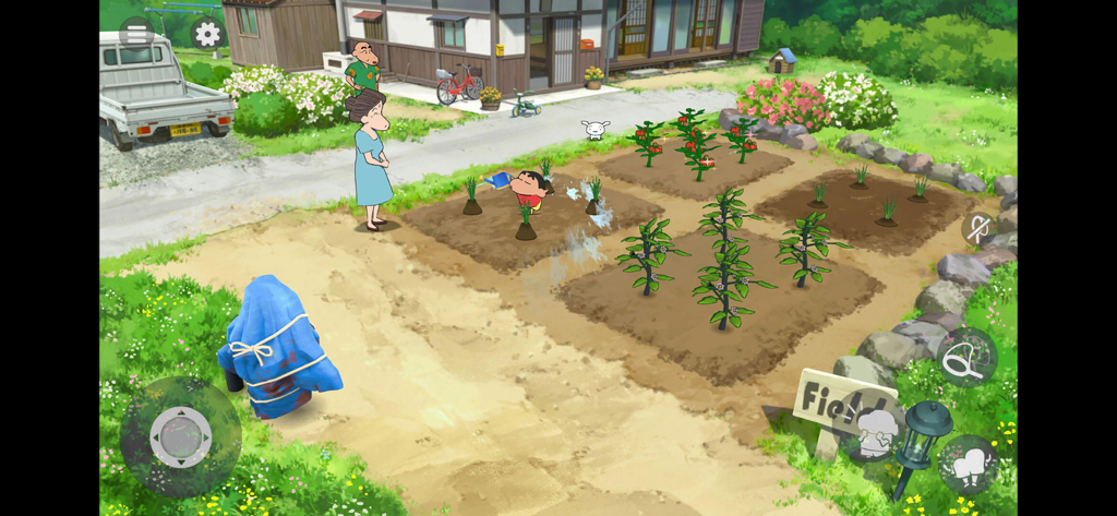 Shin chan: Shiro & Coal Town - Shinnosuke che annaffia le verdure in un tranquillo giardino rurale giapponese accanto a sua madre