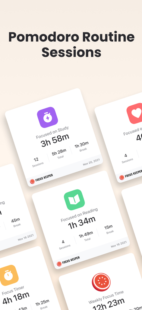 Focus Keeper - Pomodoro Timer - Focus Keeper 앱 인터페이스, 집중 및 휴식 시간이 포함된 공부 및 독서 세션 요약 카드 표시