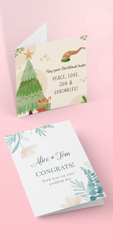 Invitation Maker - Invites4U - 분홍색 배경에 표시된 Invites4U 앱으로 디자인된 맞춤 크리스마스 및 결혼식 감사 카드.