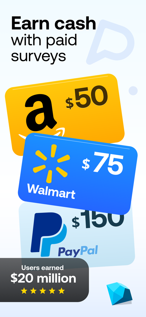 Prime Opinion app screen showing rewards like Amazon Walmart and PayPal gift cards for completing surveys