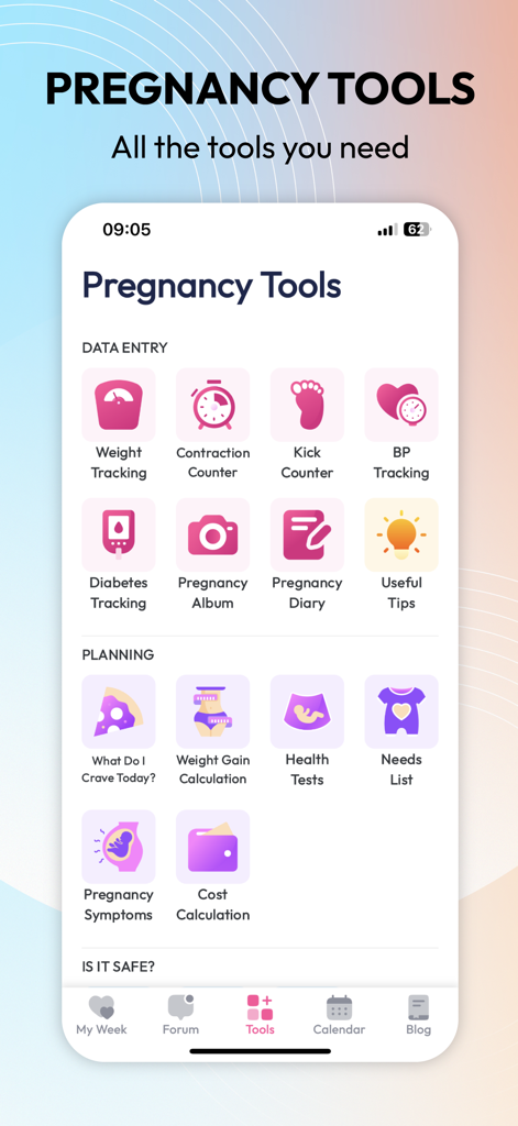 Miracle Mom Pregnancy Tracker - Miracle Mom app Pregnancy Tools dashboard showing features like kick counter and expense calculator