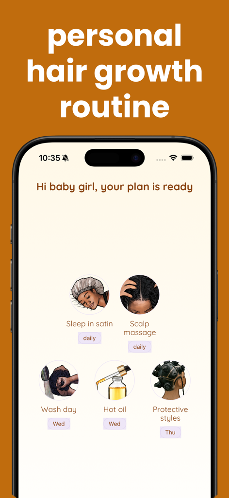 Personalized hair growth routine dashboard in the type4hair app showing daily and weekly tasks like wash day and scalp massage