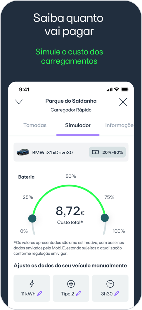 EDP Charge - Interface da aplicação EDP Charge mostra um simulador de custo de carregamento de veículos elétricos para um BMW com preço estimado e nível de carga da bateria.