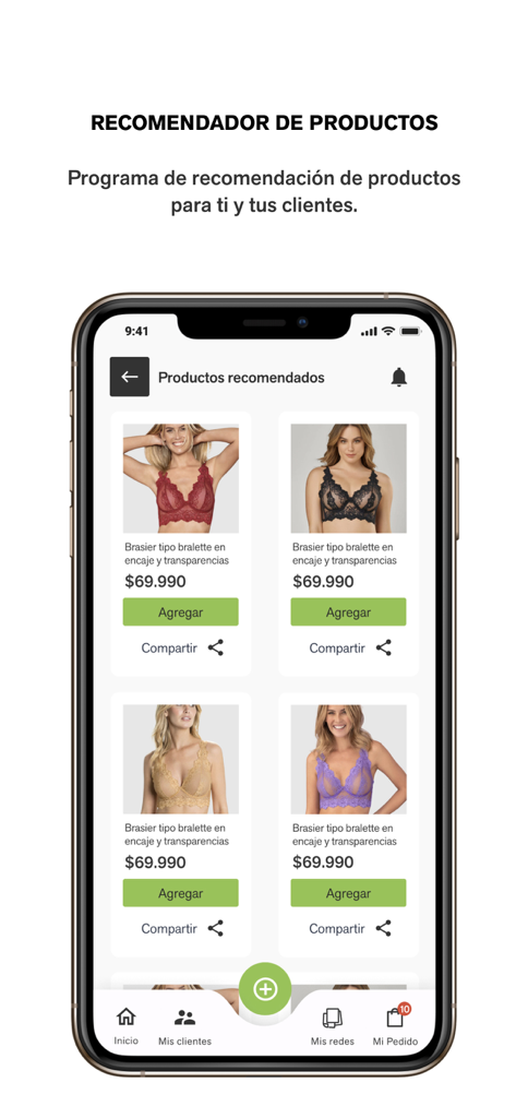 Negocio Leonisa app interface showing recommended lingerie products for independent consultants