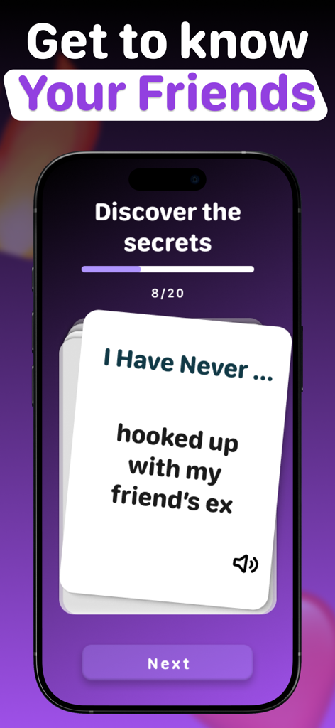 I Have Never: Dirty Party Game - Mobile app screenshot of I Have Never Dirty Party Game showing a card about discovering friend secrets