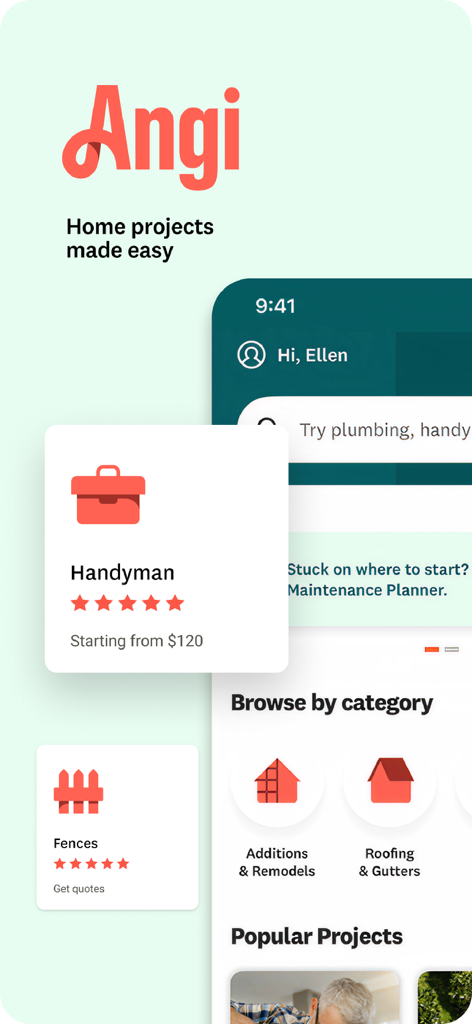 Angi mobile app screen displaying home service categories including handyman, fencing, roofing, and additions.