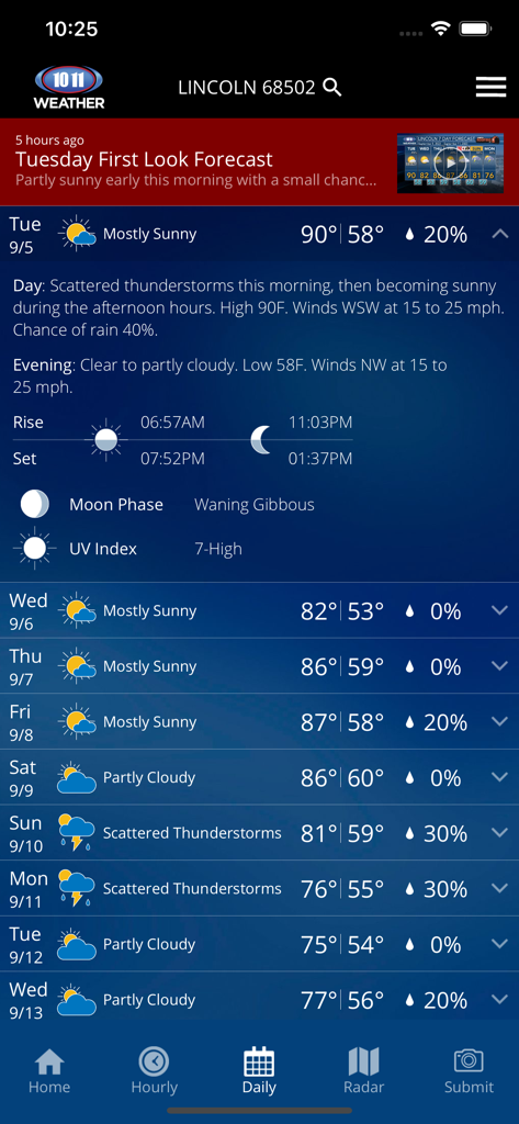 10/11 NOW Weather - Daily weather forecast for Lincoln Nebraska on the 10 11 NOW Weather app showing high and low temperatures and a 10 day outlook