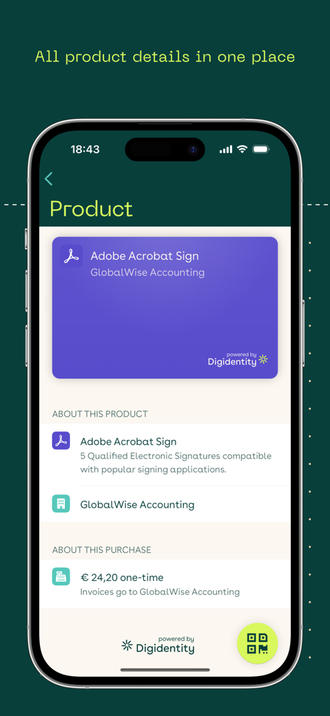 Digidentity Wallet - Digidentity Wallet app screen showing Adobe Acrobat Sign product and purchase details for qualified electronic signatures