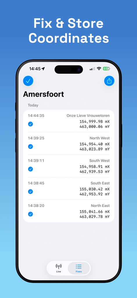 GPS Converter - CoordFix - Interfaz que muestra las correcciones de coordenadas GPS almacenadas y la lista de datos del proyecto en la aplicación CoordFix