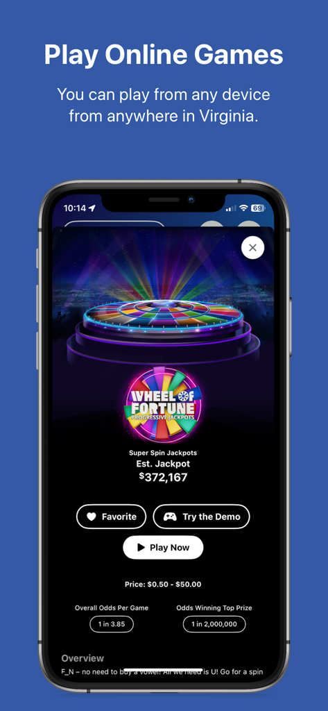 Smartphone screen showing the Virginia Lottery app featuring a Wheel of Fortune online instant game with a large jackpot.