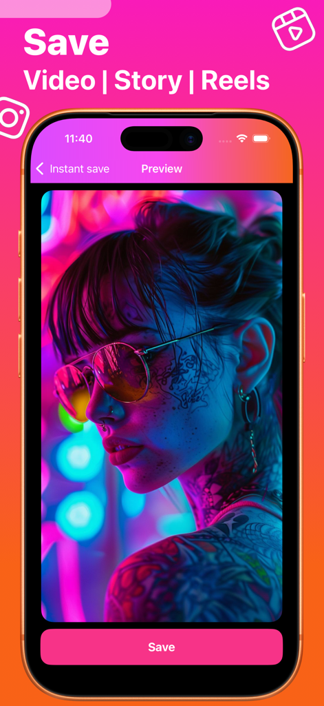 InSaver: Story, Reels, Video - 인세이버 앱 인터페이스가 분홍색 저장 버튼과 함께 동영상, 스토리, 릴을 저장하기 위한 미리보기 화면을 보여줍니다.