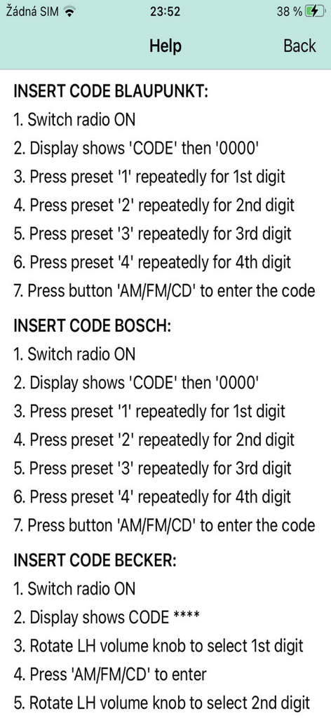 Help screen showing step-by-step instructions for entering radio codes on Blaupunkt, Bosch, and Becker Mercedes truck radios