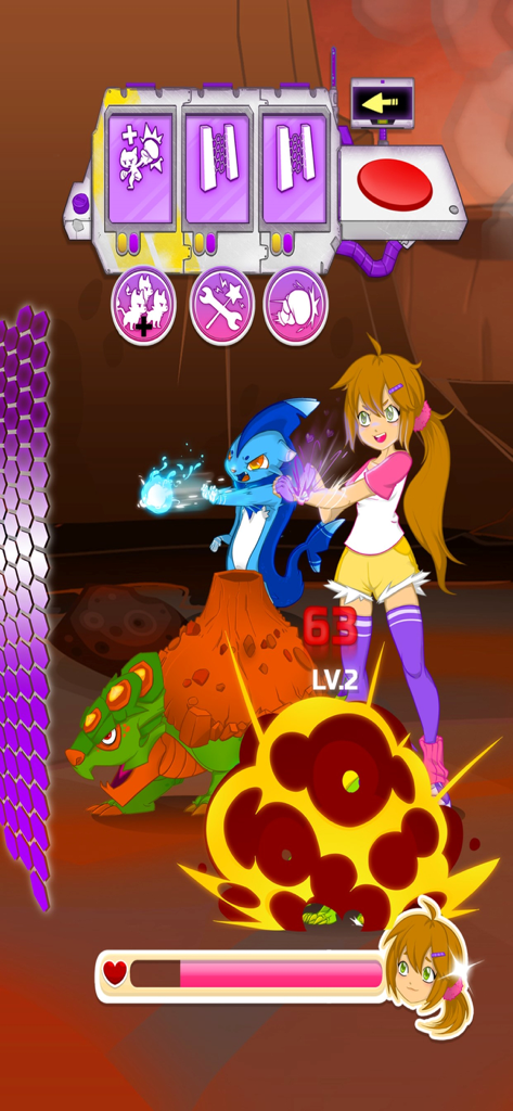A female trainer and her blue monster attacking a volcano turtle in a turn based battle