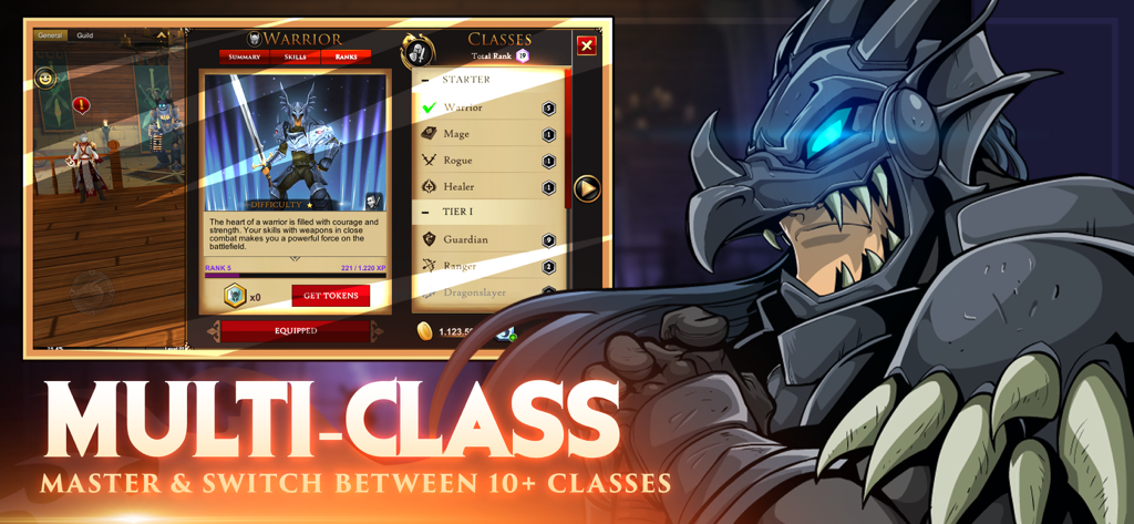 AdventureQuest 3D character menu showing the multi-class system and various fantasy classes