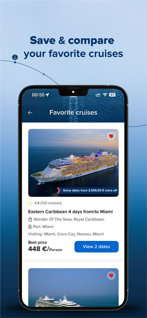 東カリブ海の航海のための価格と船の詳細が表示されているお気に入りのクルーズディールが表示されているモバイルアプリの画面。