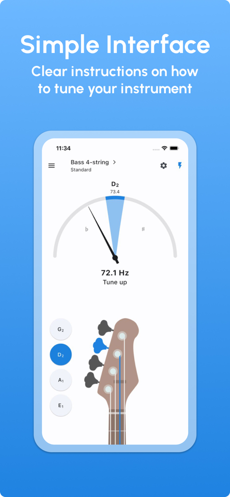 Bass Tuner - LikeTones - Interface de l'application Bass Tuner LikeTones montrant un indicateur d'accordage et la tête d'une guitare basse