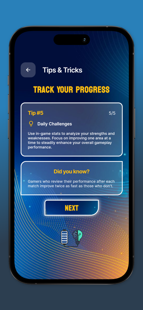 Diamonds For Mobile Legends - Una pantalla de la app Diamantes Para Mobile Legends que muestra consejos y trucos para seguir el progreso del jugador y los desafíos diarios.
