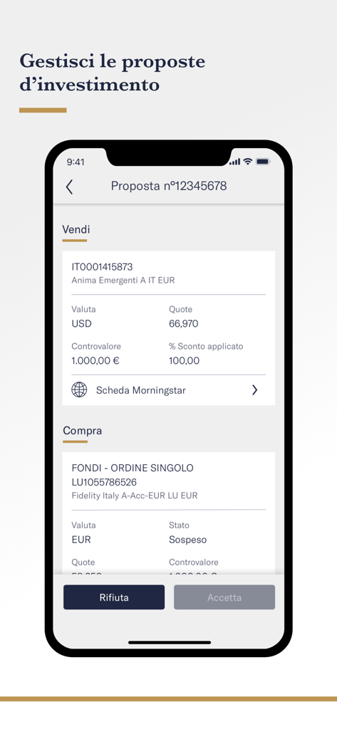 Mediobanca Premier - Schermata dell'app Mediobanca Premier per la gestione delle proposte di investimento che mostra opzioni di acquisto e vendita con pulsanti di accettazione o rifiuto