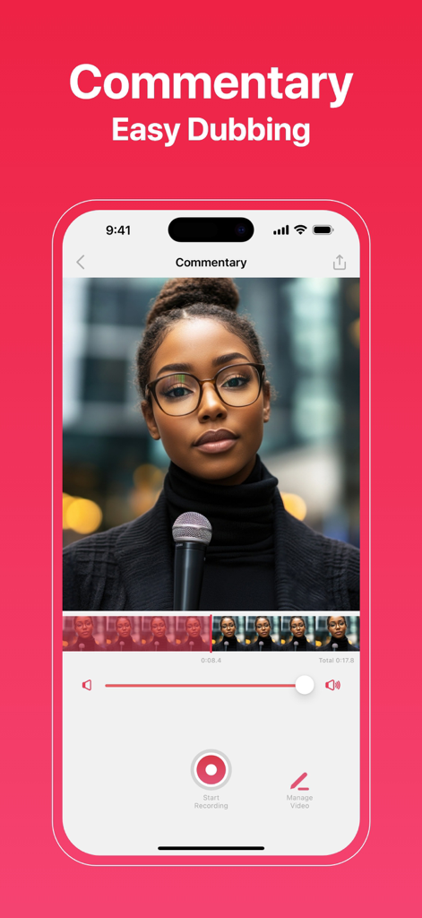 Mobile screen recorder app interface showing the commentary and easy dubbing feature with video editing tools