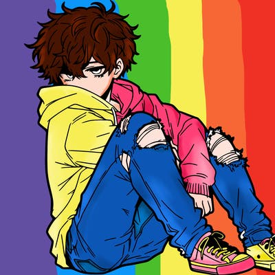 a male hoddie ripped jeans messy hair anime