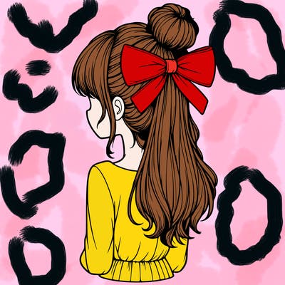 realistic girl  with hip length hair a bun and a big bow on the back of head