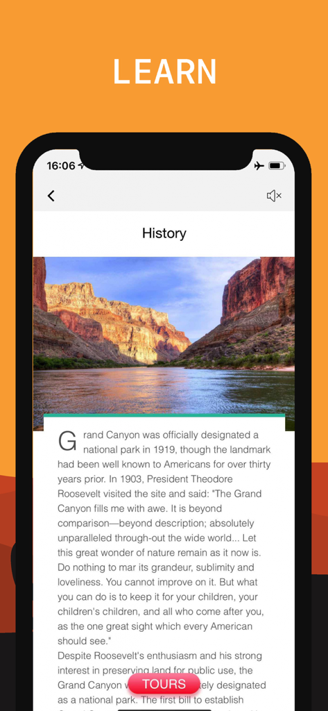 공원에 대한 교육 텍스트와 경치 좋은 풍경이 특징인 그랜드 캐니언 국립공원 앱의 역사 섹션