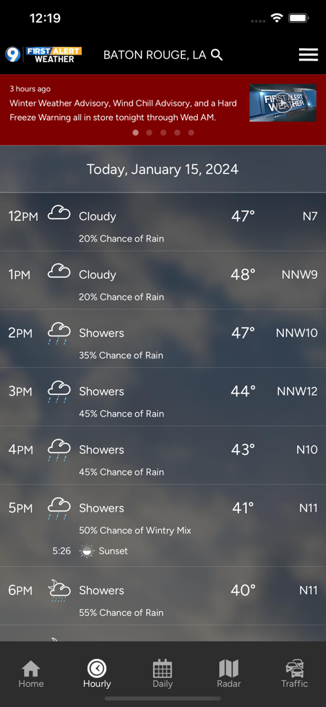 La aplicación WAFB First Alert Weather muestra el pronóstico por hora y las alertas meteorológicas para Baton Rouge