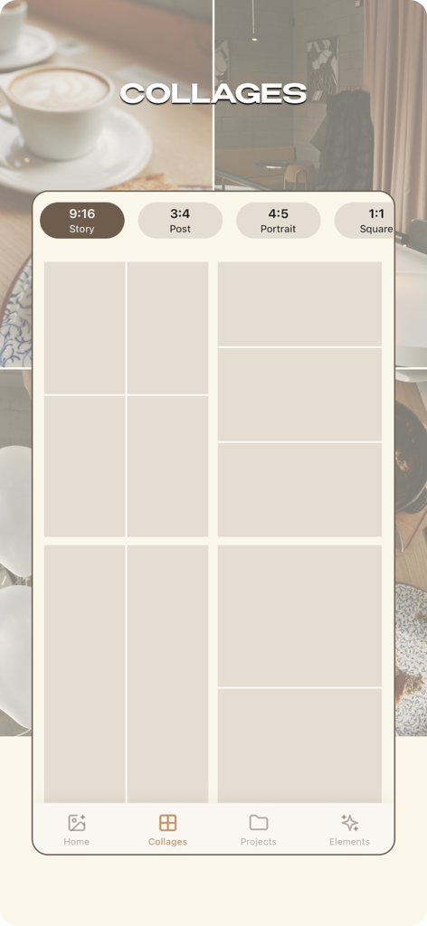 Una interfaz minimalista mostrando varios diseños de collage de fotos y opciones de relación de aspecto para redes sociales en la aplicación MULI.