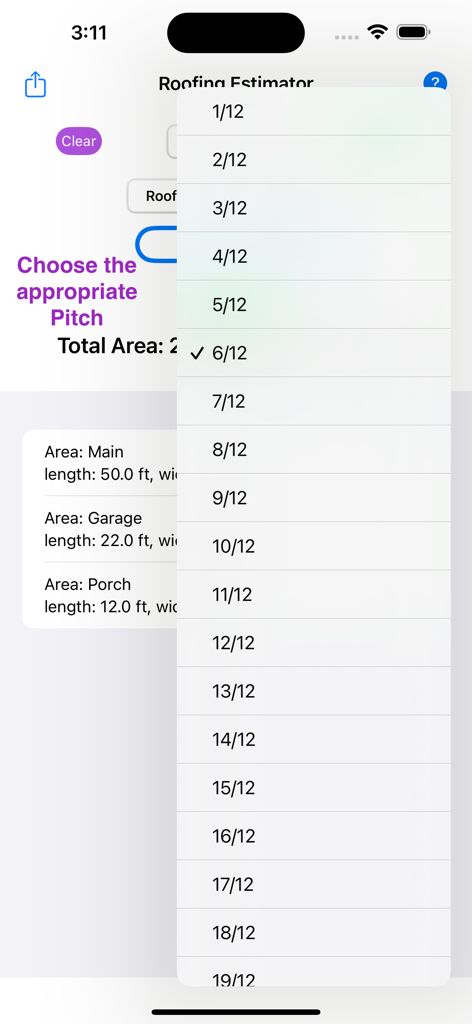 屋根面積計算アプリのドロップダウンメニューから屋根の勾配を選択する画面