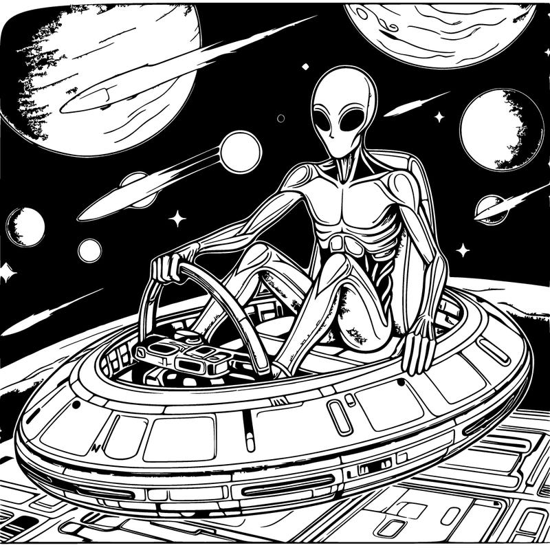 realistic human in a alien spaceship outer space