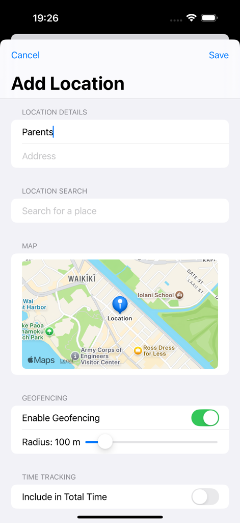 Interface for adding a new tracking location with geofencing radius and map settings.
