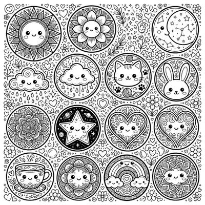 Unleash your creativity with this delightful Kawaii Coasters coloring page, specifically designed for adults seeking a charming and intricate coloring experience. Each circular design features an adorable character or object with detailed patterns, promising hours of relaxing artistic fun.