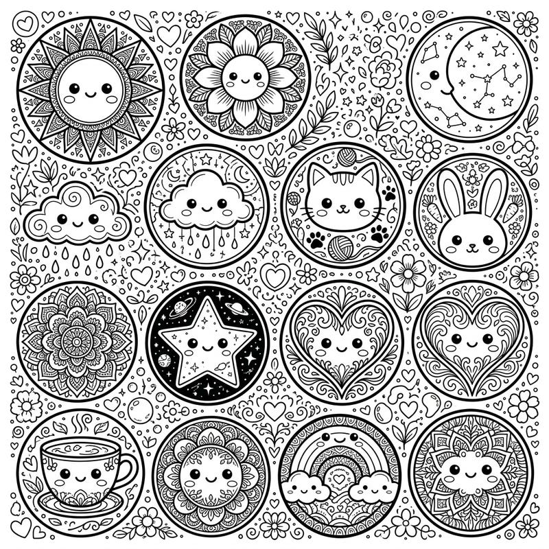 Unleash your creativity with this delightful Kawaii Coasters coloring page, specifically designed for adults seeking a charming and intricate coloring experience. Each circular design features an adorable character or object with detailed patterns, promising hours of relaxing artistic fun.