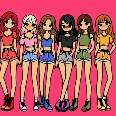 a group of girls wearing crop tops and shorts
