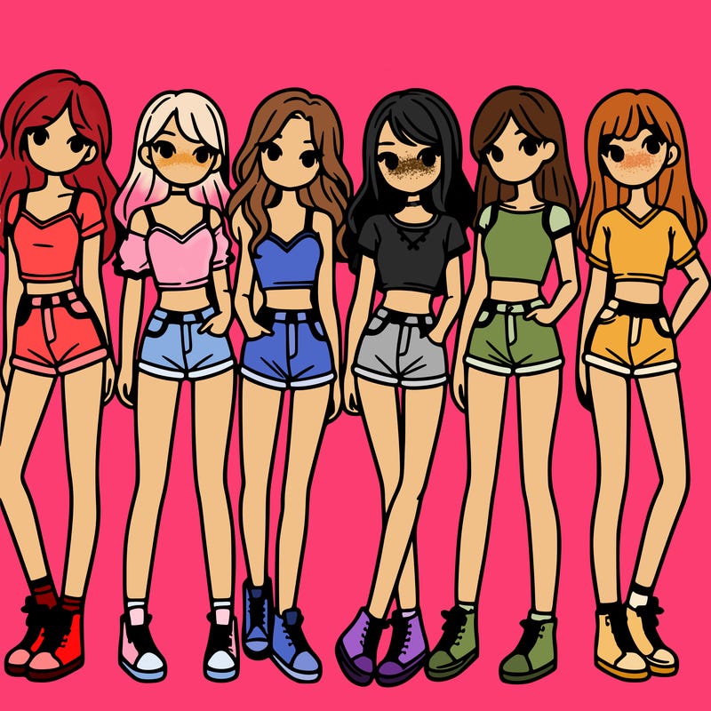 a group of girls wearing crop tops and shorts