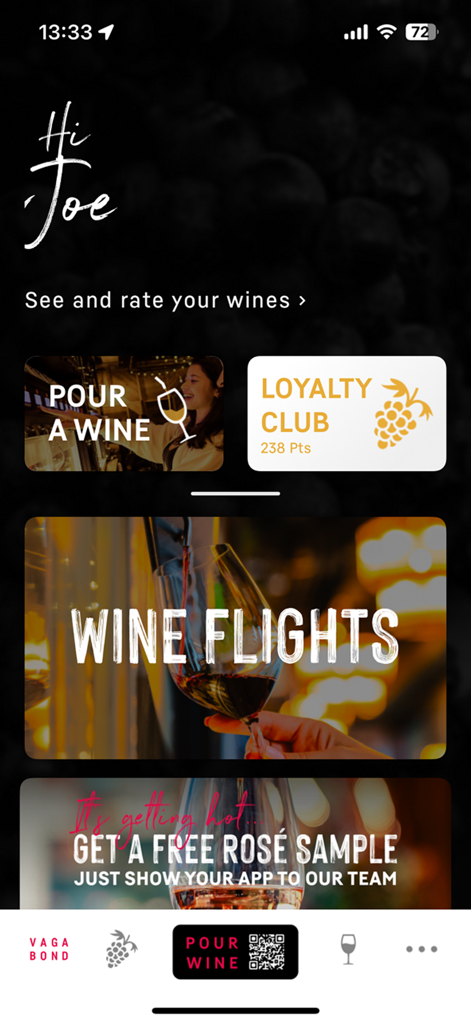 Vagabond Wines - The Vagabond Wines app main dashboard featuring options for self-pour wine, loyalty rewards tracking, and wine flights exploration.
