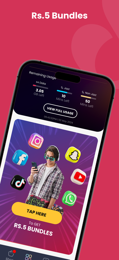 SIMOSA – Jazz World - SIMOSA Jazz World app showing data usage dashboard and Rs 5 social media bundles