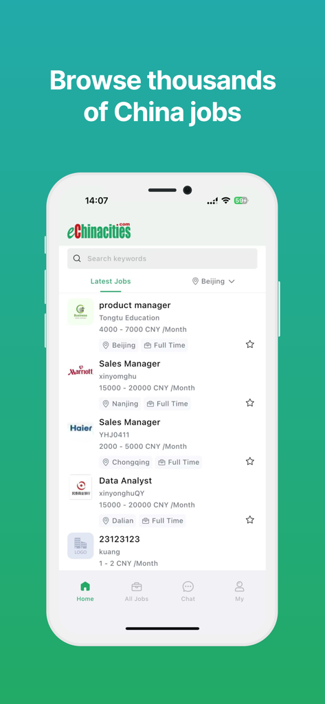 eChinacities - Interface of the eChinacities app displaying job openings in China