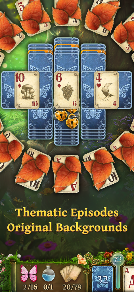 Solitaire Fairytale Game - Solitaire Fairytale gameplay screen featuring butterfly and autumn leaf themed cards with thematic episode text