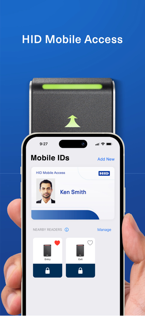 Smartphone showing the HID Mobile Access app with a digital ID card and door access controls.