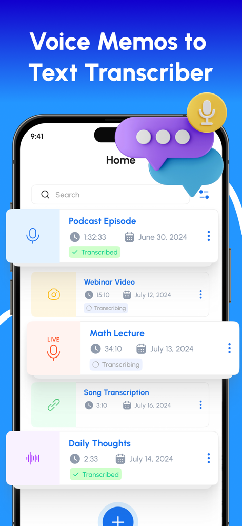 Speech to Text – Voice Typing - Home screen of the Speech to Text app showing a list of transcribed recordings like podcasts and lectures