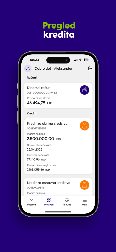 NLB mBizKlik Srbija mobile banking app showing a business loan overview and account balances