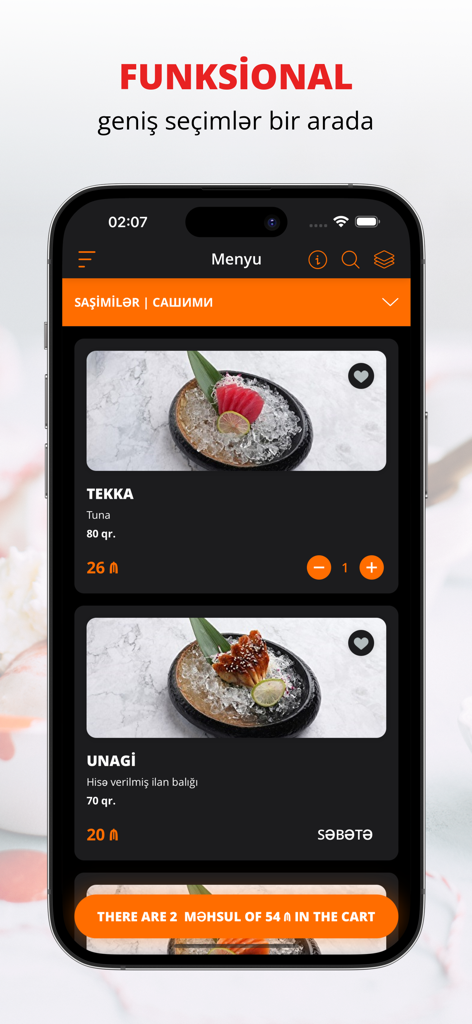 A mobile screen showing the menu section of the Chio Chio San restaurant app with images of sashimi dishes
